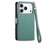 For iPhone 17 Pro Max Skal RFID-blockering Dragkedjeficka Plånboksfodral med Rem - Grön