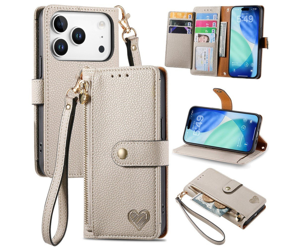 For iPhone 17 Pro Max Skal RFID-blockering Dragkedjeficka Plånboksfodral med Rem - Beige