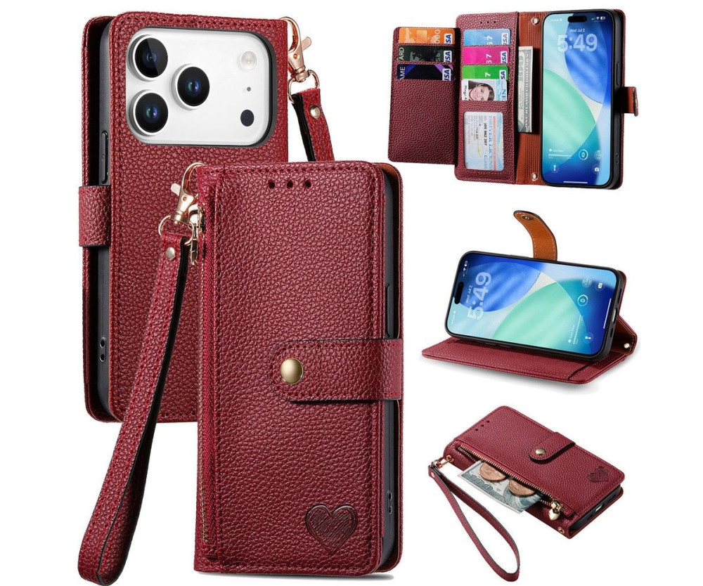 For iPhone 17 Pro Max Skal RFID-blockering Dragkedjeficka Plånboksfodral med Rem - Röd