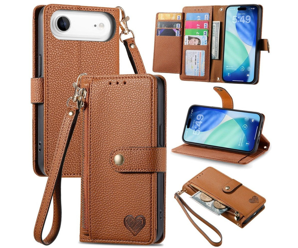 For iPhone Air Skal RFID-blockering Dragkedjeficka Plånboksfodral med Rem - Brun