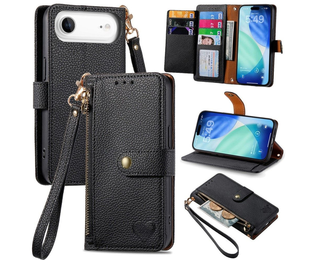 For iPhone Air Skal RFID-blockering Dragkedjeficka Plånboksfodral med Rem - Svart