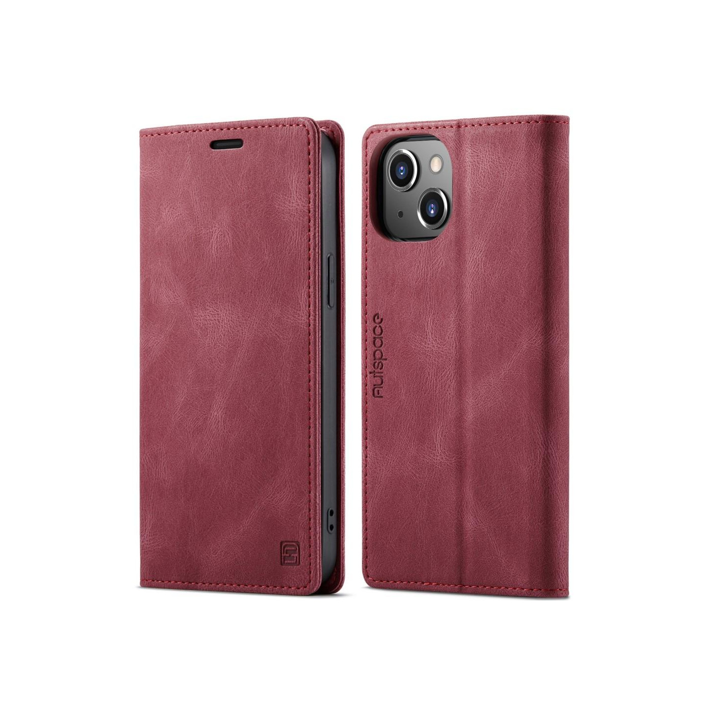 AUTSPACE A01 Retro Wallet Case for iPhone 13 - Red