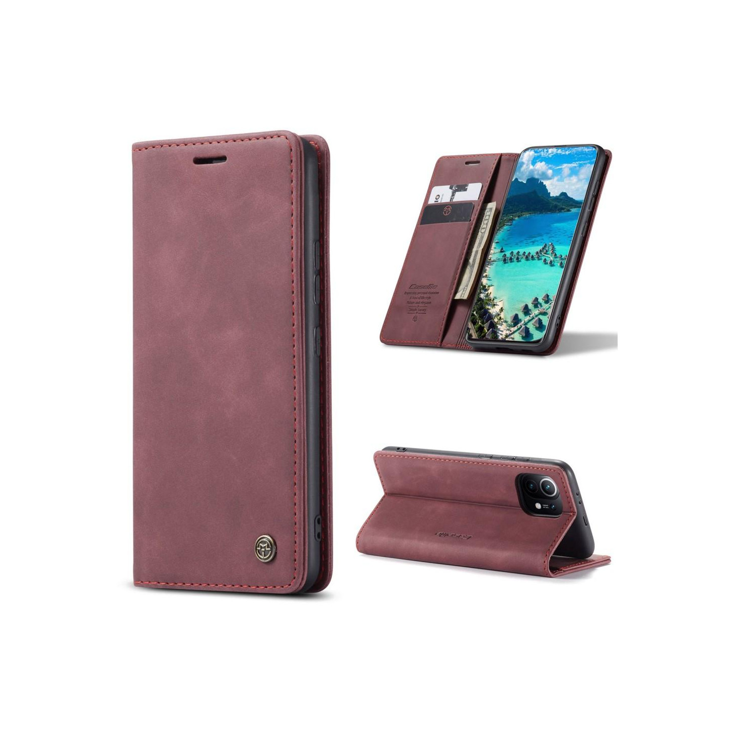 CASEME Retro Wallet Case for Xiaomi Mi 11 - Wine Red