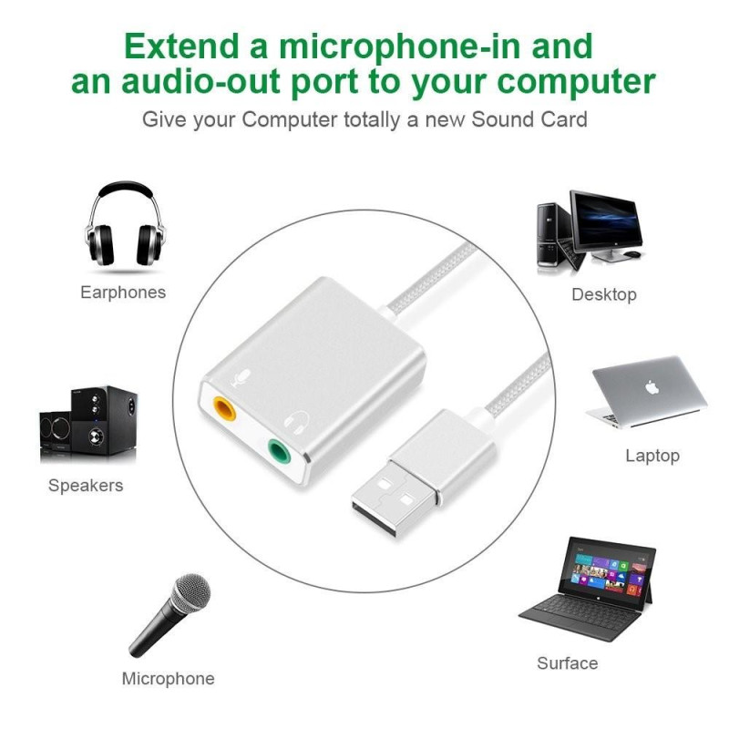 USB Audio Adapter External Stereo Sound Card 3.5mm Headphone and Microphone Jack