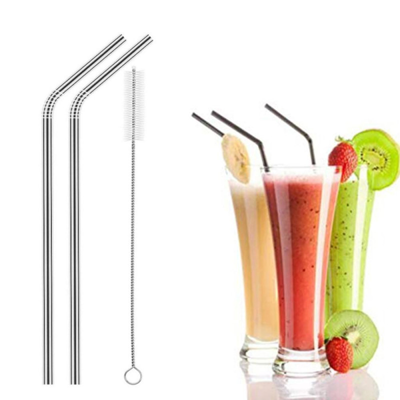 2pcs Reusable Eco - friendly Bent Metal Stainless Steel Drinking Straws