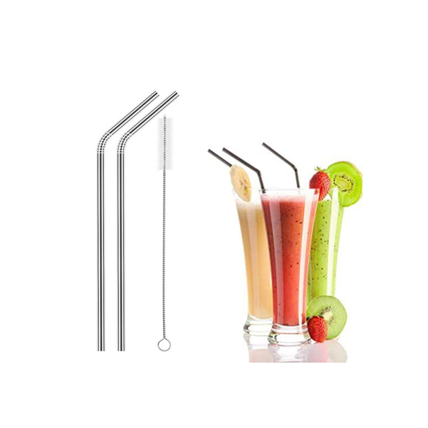 2pcs Reusable Eco - friendly Bent Metal Stainless Steel Drinking Straws