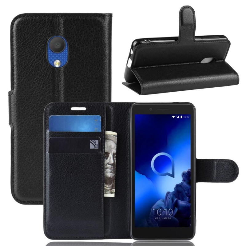 Litch Skin PU Walle Case hvid stativ til Alcatel 1C 2019 - Sort