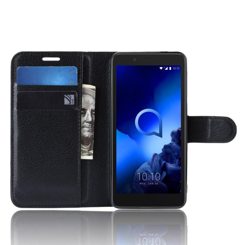 Litch Skin PU Walle kotelo valkoinen jalusta Alcatel 1C 2019 - musta