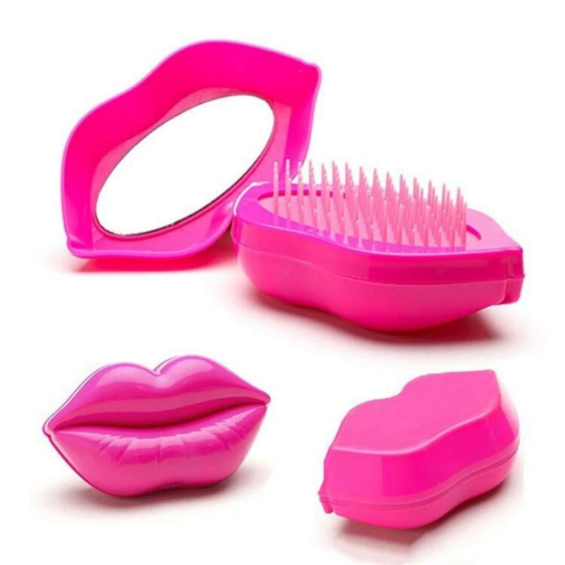 Lip - Shaped Hair Comb Compact Hair Brush Hairbrush with Mirror