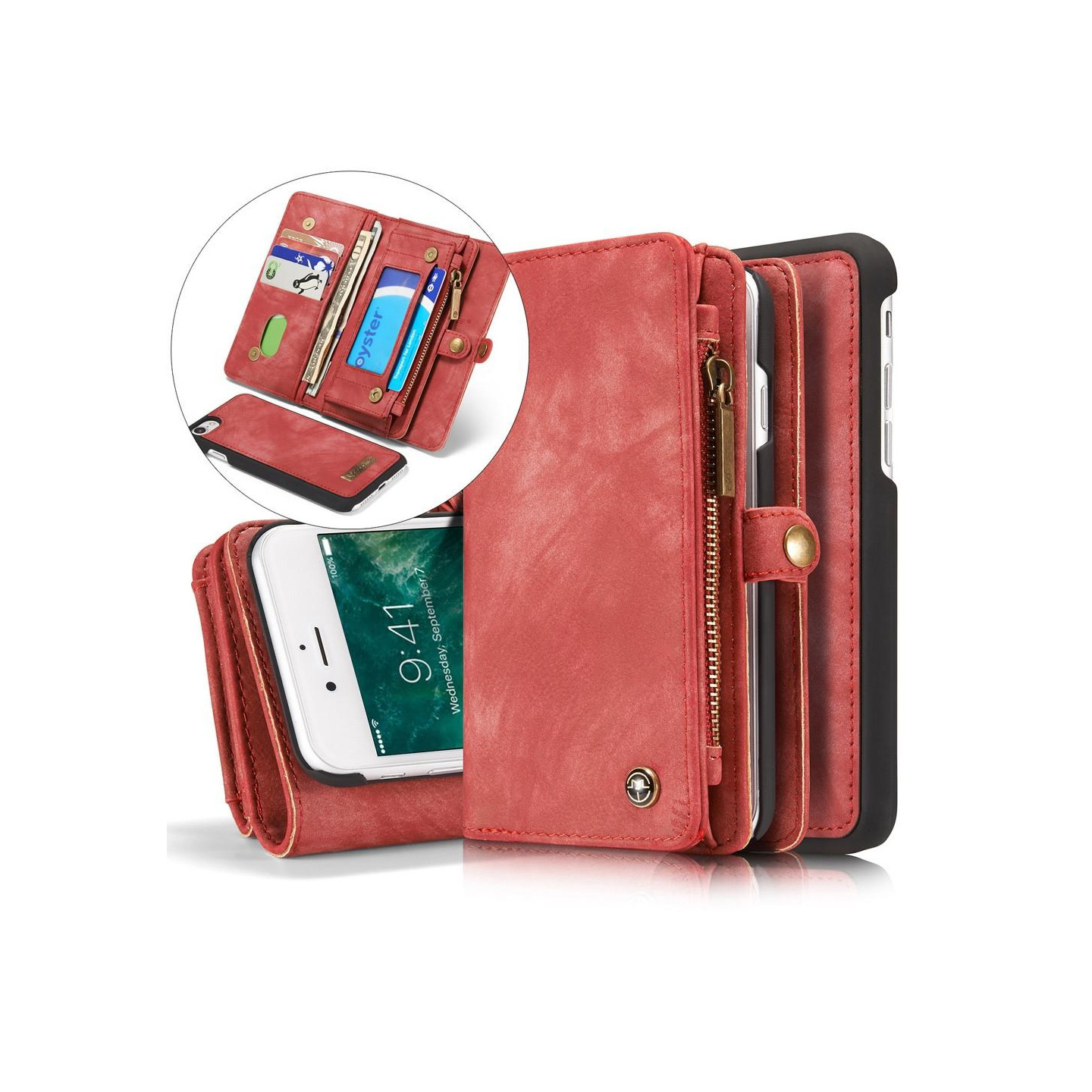 CASEME iPhone 8/7/SE Retro Split Lommebok - deksel I Lær - Rød